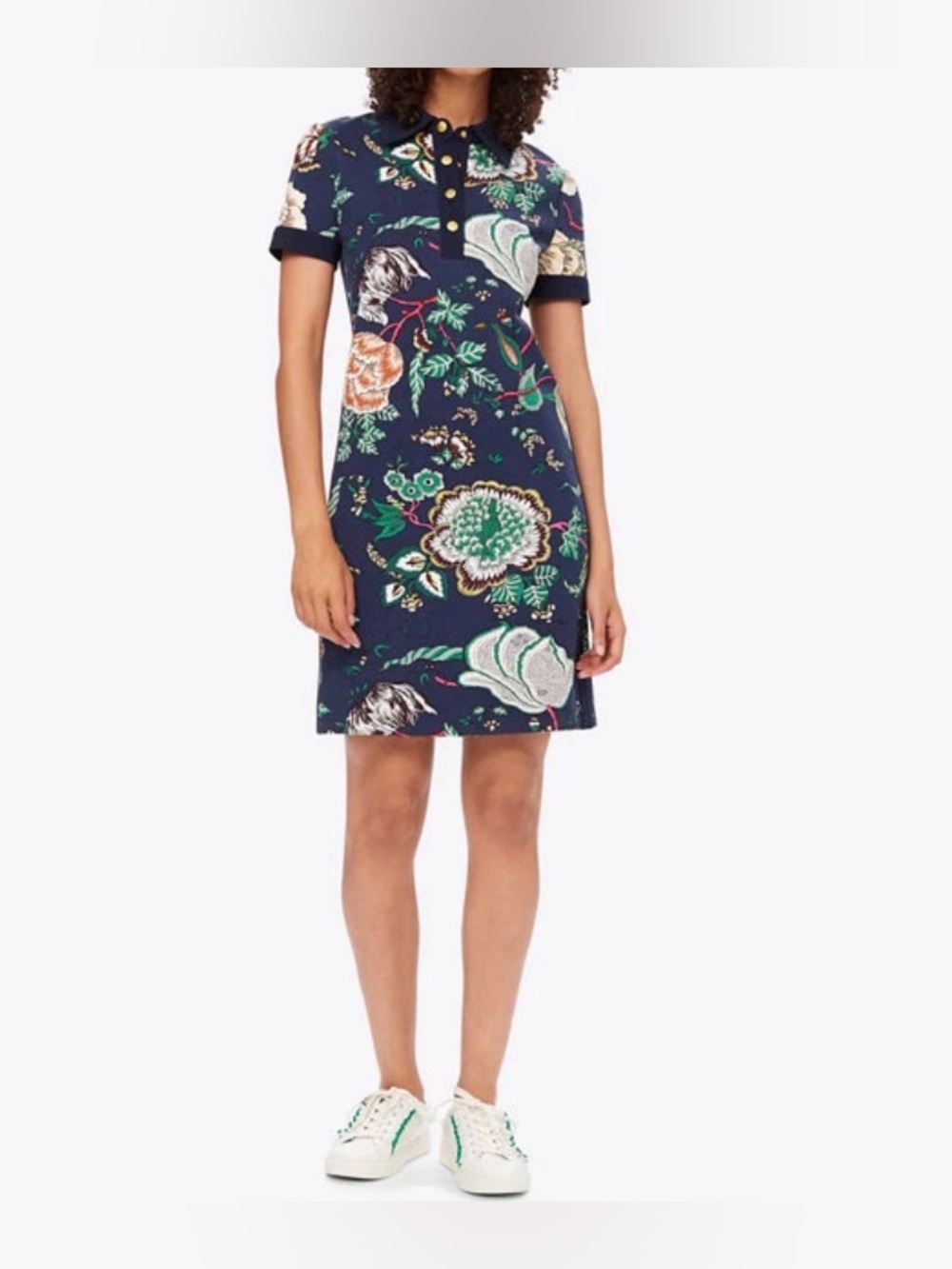 Tory Burch Stretch Ponte Polo Dress Happy Times Floral Gold Navy Pink Medium